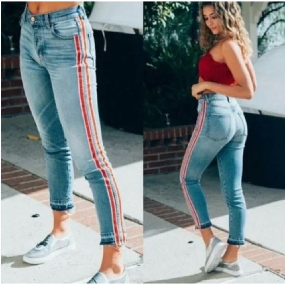 REVICE High-Rise Light Blue Jeans with Red & White Side Stripe